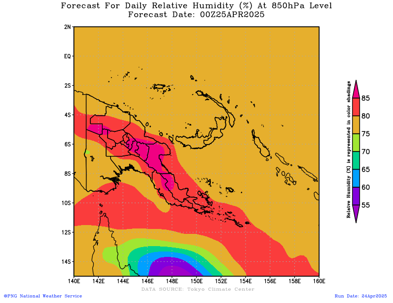 31 days forecast for daily average RH (%) at 850hPa level over PNG domain