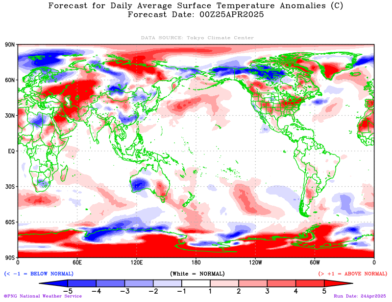 31 days forecast for daily average surface (2m) temperature anomalies over global domain